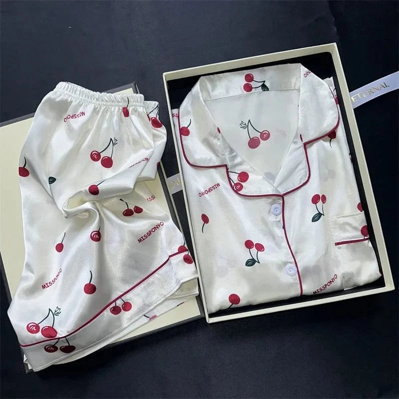 Cherry Print Silk Pajamas Set for Women Summer Short Sleeve Shirt and Shorts Two Pieces Sleepwear Homewear Nightwear - A-1 Thread Vault