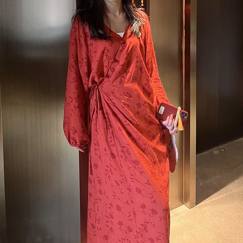 Chinese Style Jacquard & Print Maxi Wrap Dress(MS424) - A-1 Thread Vault