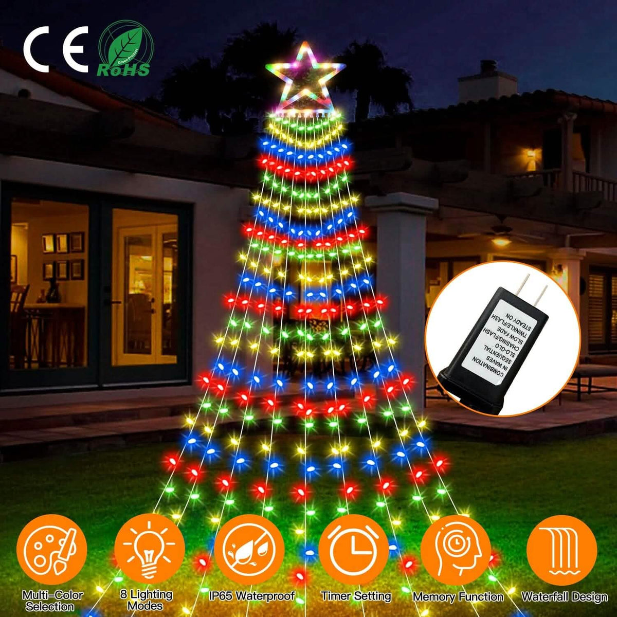 Christmas Hanging Waterfall String Light with Topper Star - A-1 Thread Vault