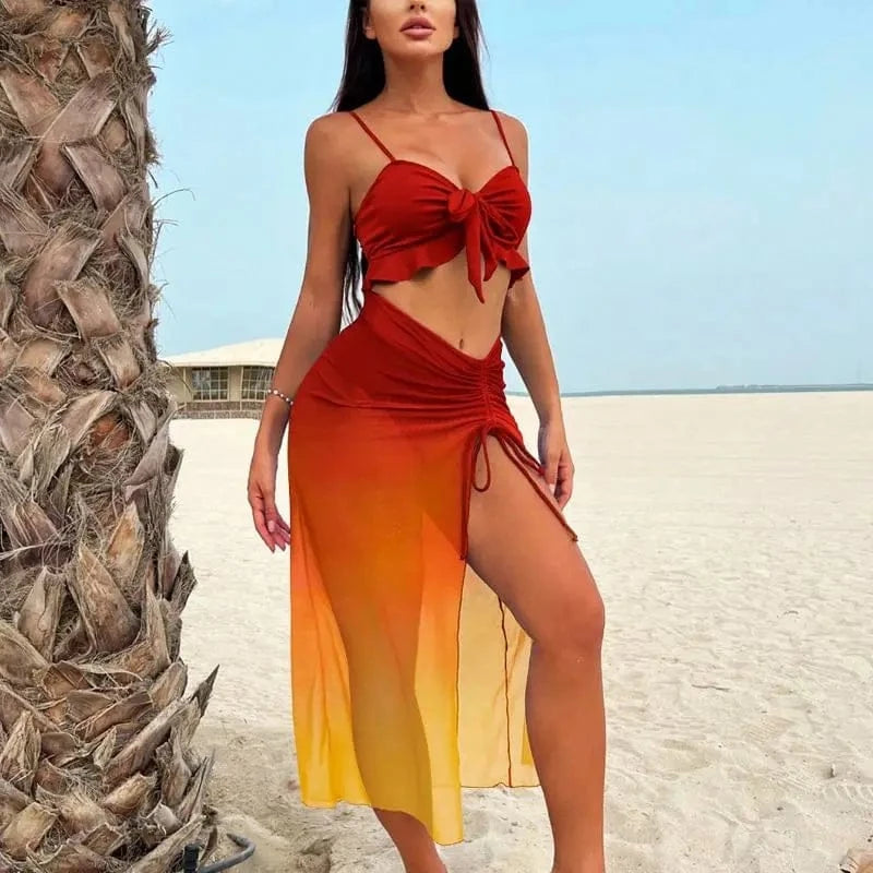Cikini Sexy Gradient Color Three Piece Swimsuit Mesh Bikinis Set Summer Beach Swimwear Bathing Suit For Women - A-1 Thread Vault