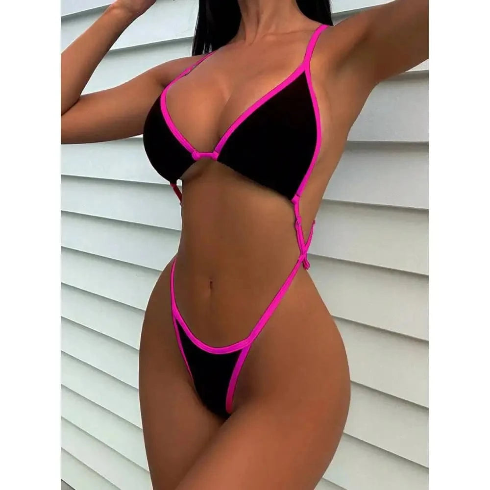 Cikini Summer Beach Women's Contrast Trim Halterneck One-Piece Swimsuit Sexy Swimwear Bathing Suit - A-1 Thread Vault