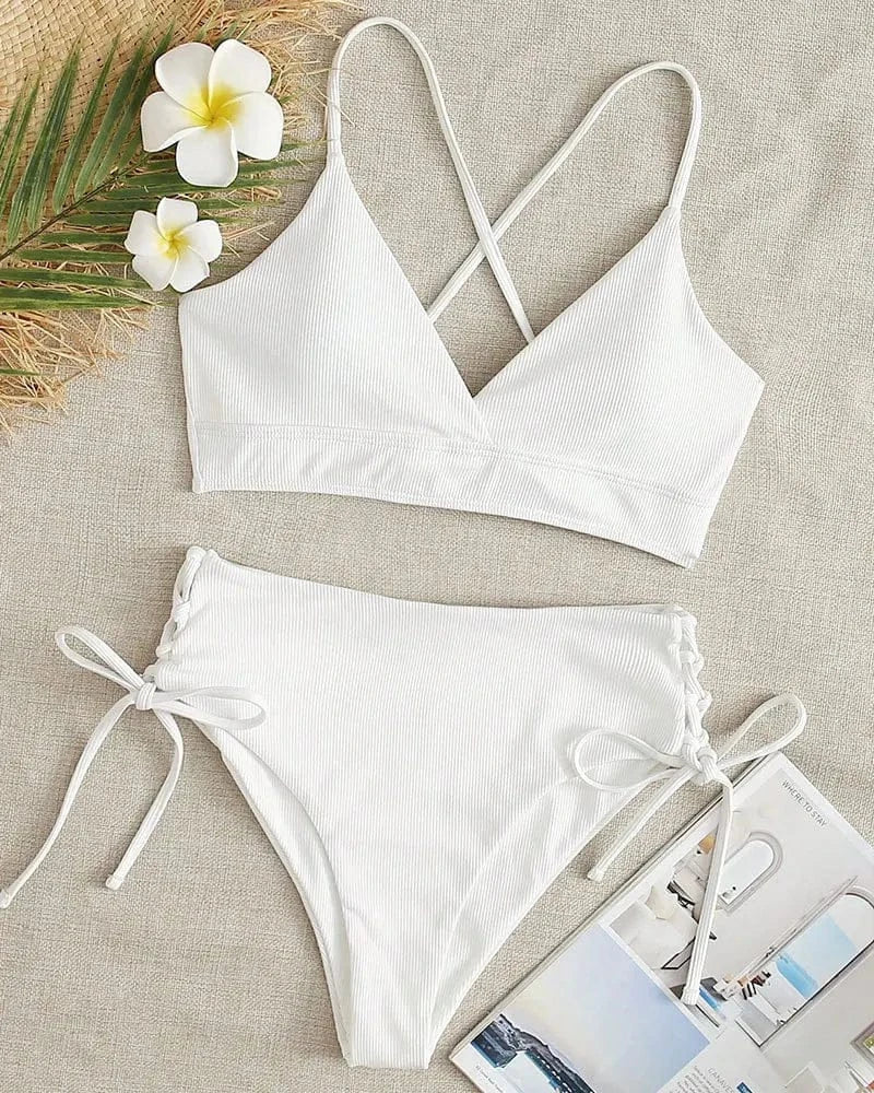 Cikini-V-Neck Split Bikini Set for Women, Sexy Swimsuit, Lace Up, Triangular Bikinis, Solid Color, Beach Swimwear, Bathing Suit - A-1 Thread Vault