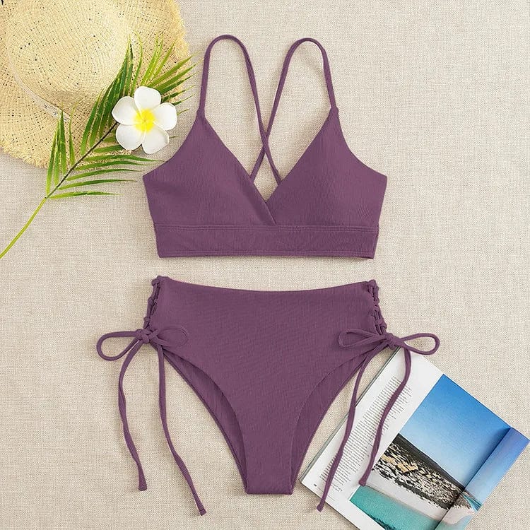 Cikini-V-Neck Split Bikini Set for Women, Sexy Swimsuit, Lace Up, Triangular Bikinis, Solid Color, Beach Swimwear, Bathing Suit - A-1 Thread Vault