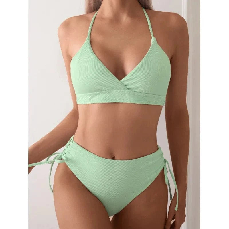Cikini-V-Neck Split Bikini Set for Women, Sexy Swimsuit, Lace Up, Triangular Bikinis, Solid Color, Beach Swimwear, Bathing Suit - A-1 Thread Vault