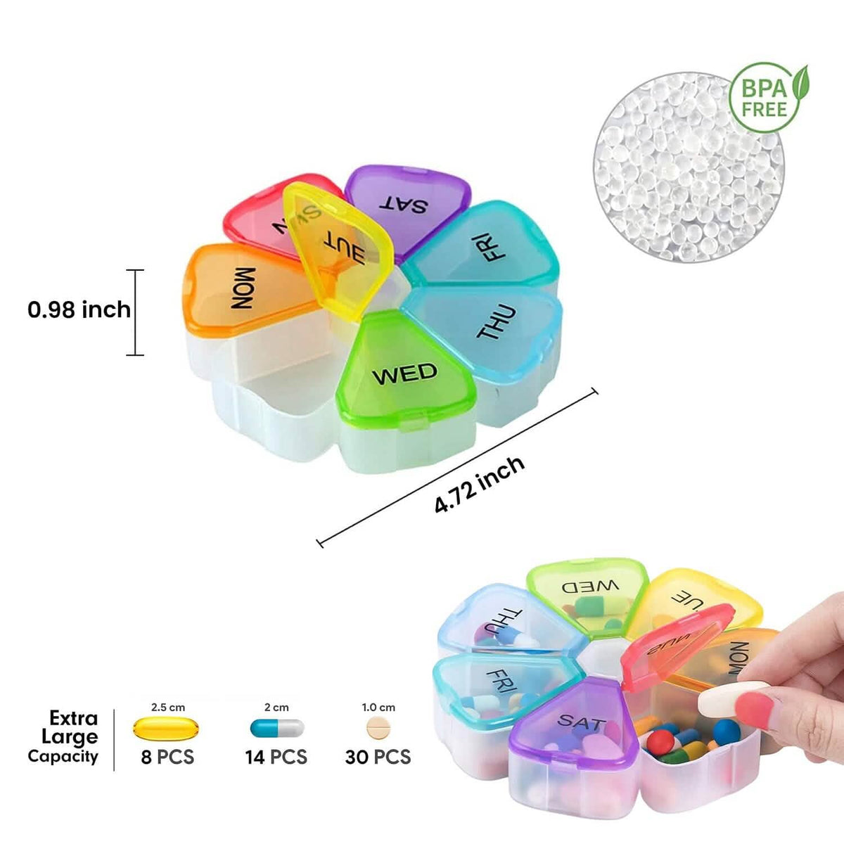 Colorful 7 Day Pills And Vitamins Organizer With Large Compartments - A-1 Thread Vault