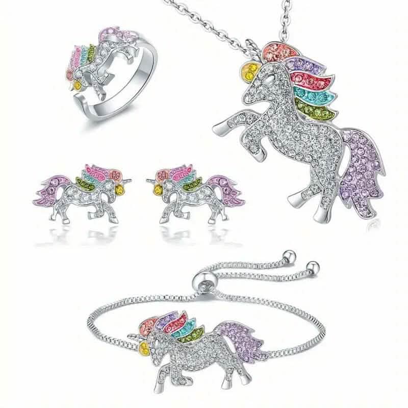Colorful Cartoon-Themed Unicorn Earrings, Necklace, Ring & Bracelet Jewelry Set - A-1 Thread Vault