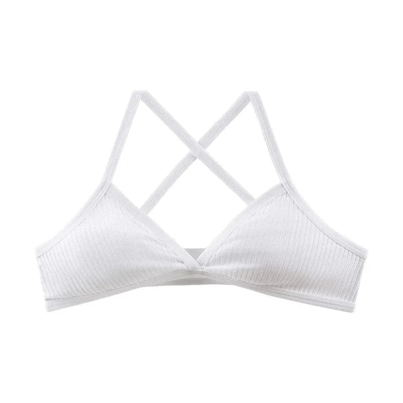A white ribbed bralette featuring triangle cups and thin crisscross straps.