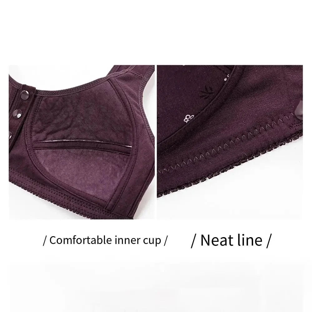 A close-up of a dark purple bra showing the smooth fabric of the inner cup on the left and the detailed stitching along the bottom edge on the right.