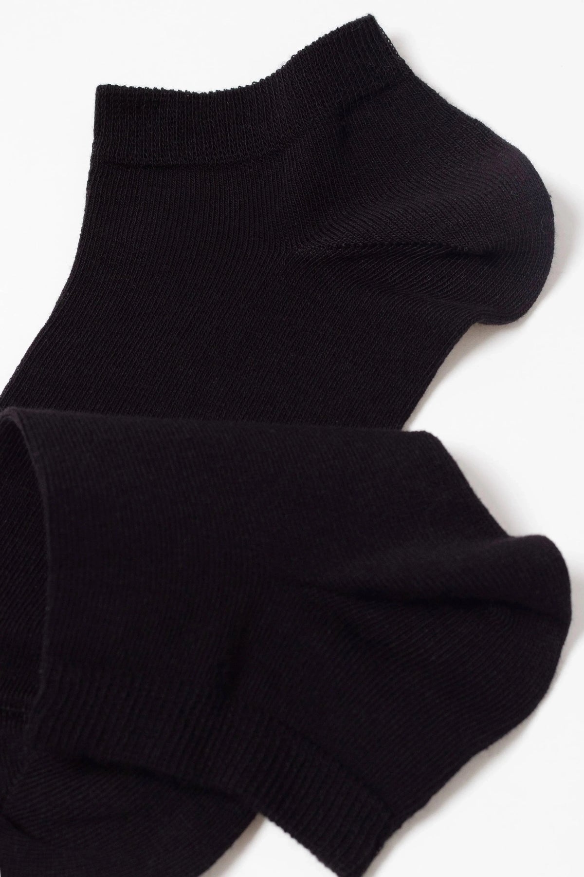 A pair of black ankle socks are displayed on a white background.