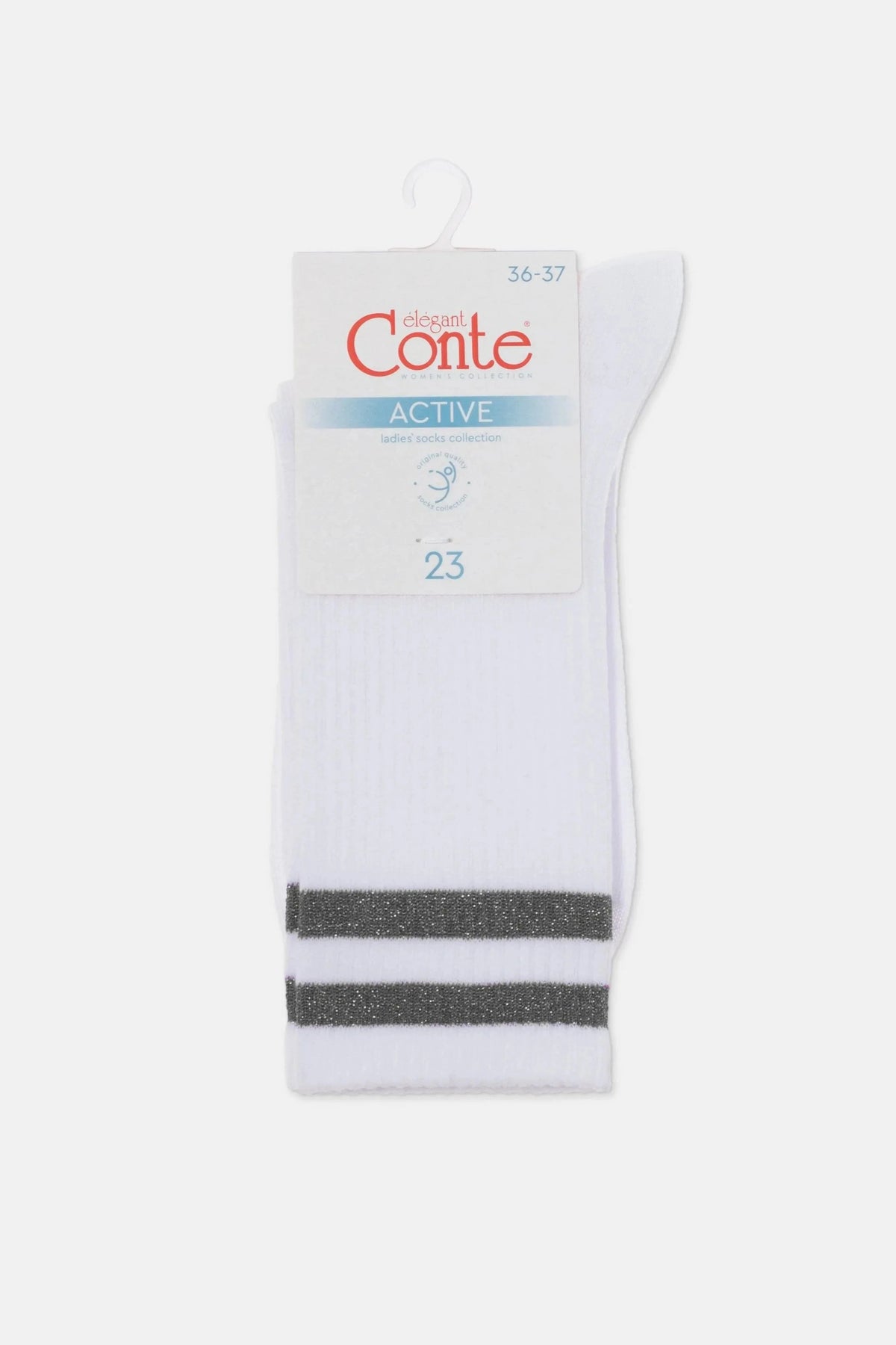 A pair of white crew-length socks featuring two horizontal grey glittery stripes on the cuffs, displayed on a cardboard hanger.