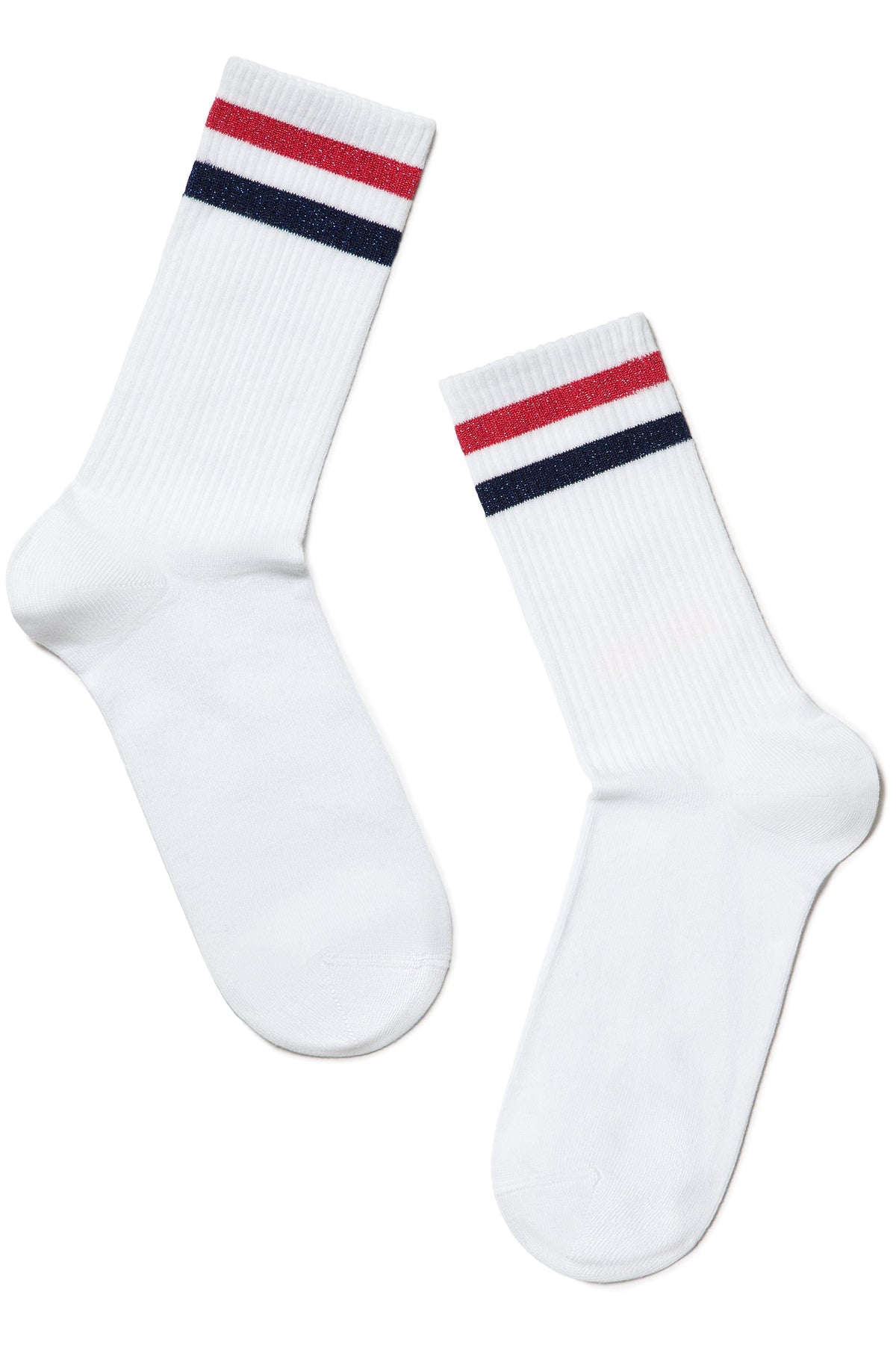 A pair of white crew-length socks featuring two horizontal stripes in red and navy blue at the top cuff.