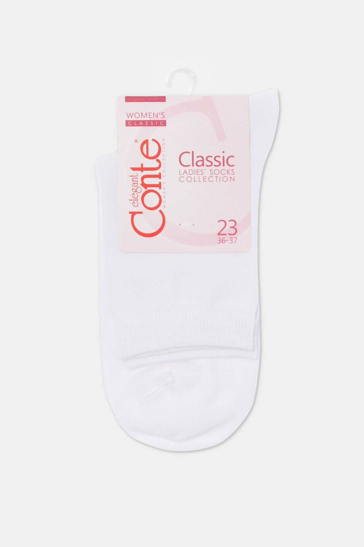 A pair of white women's ankle socks with a branded paper label attached at the top.