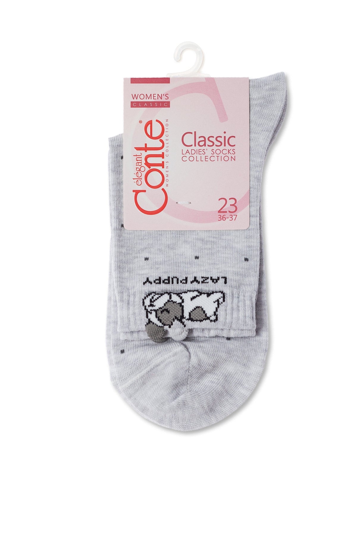 A pair of grey ankle socks with a small black and white puppy illustration and the word LAZY PUPPY printed on the cuff, hanging from a branded product tag.