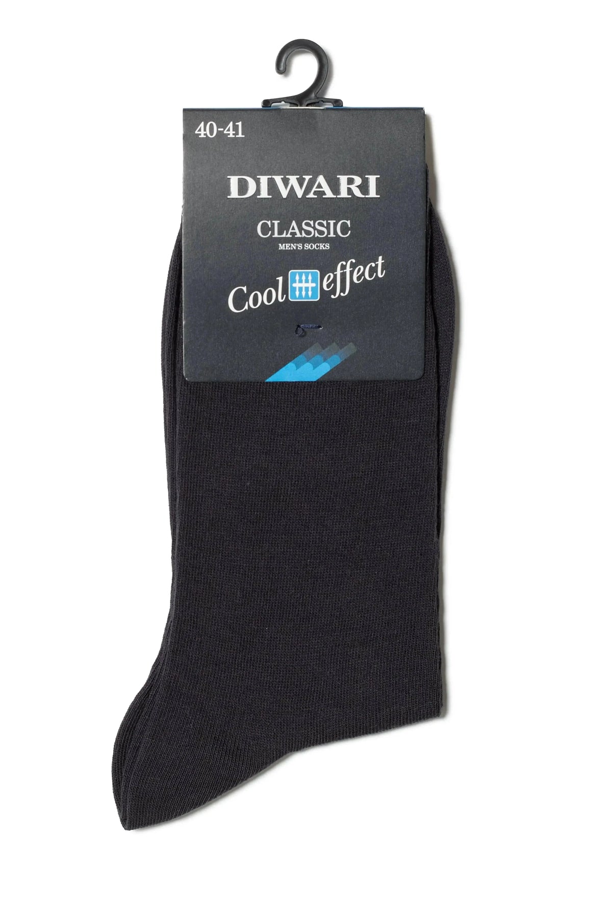 A pair of dark grey mid-calf socks attached to a black cardboard hanger tag labeled with text and a blue icon.