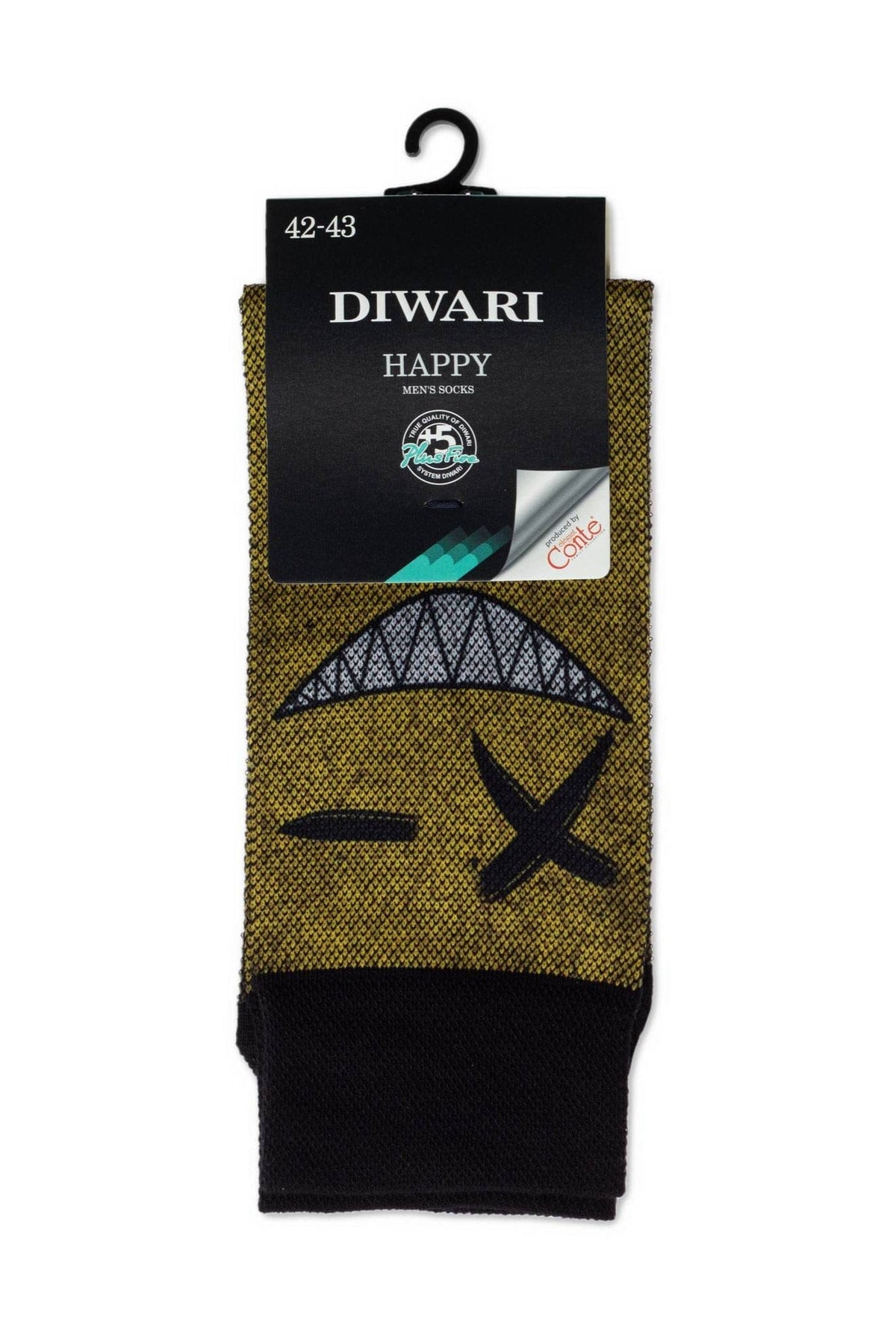 A pair of gold and black patterned men's socks featuring a winking face design with a jagged mouth and an x-shaped eye, displayed on a black cardboard packaging hanger.