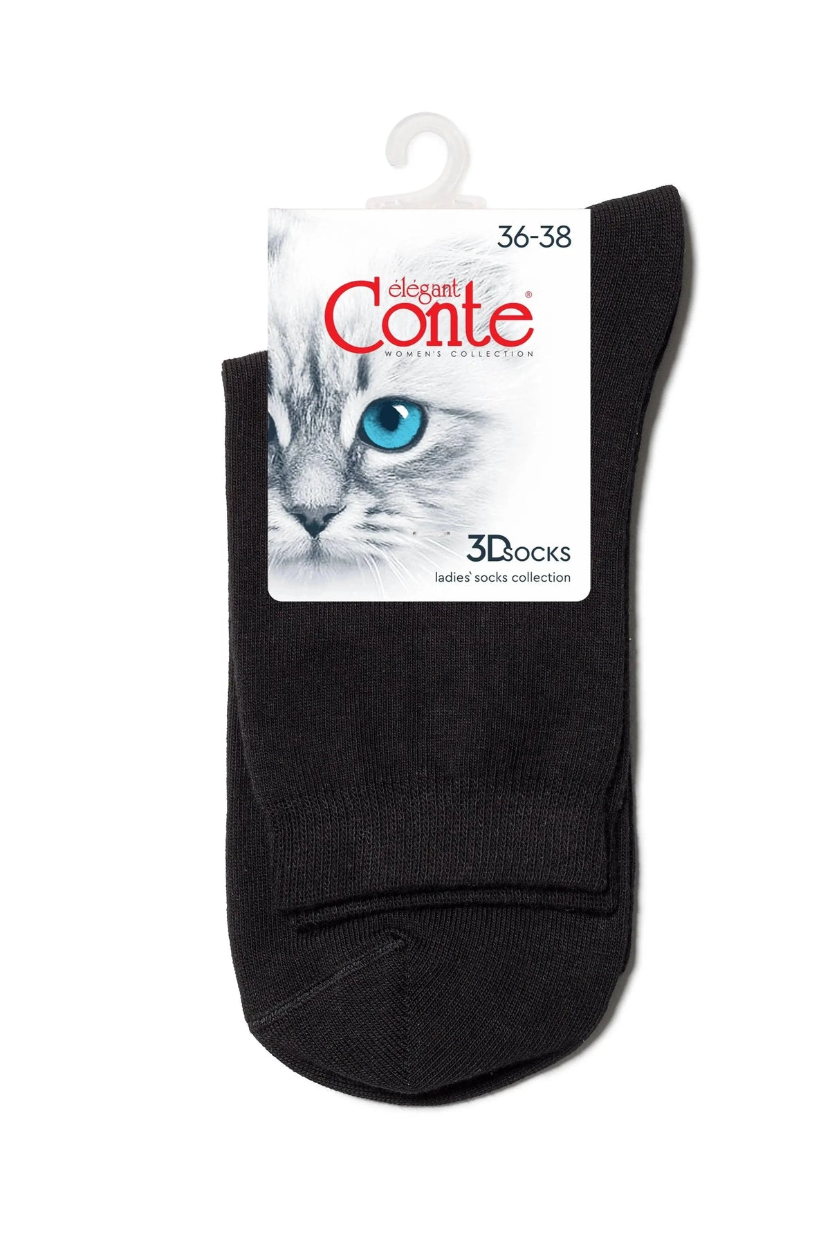 A pair of solid black ankle socks held together by a branded cardboard header card featuring an image of a fluffy white cat with bright blue eyes.