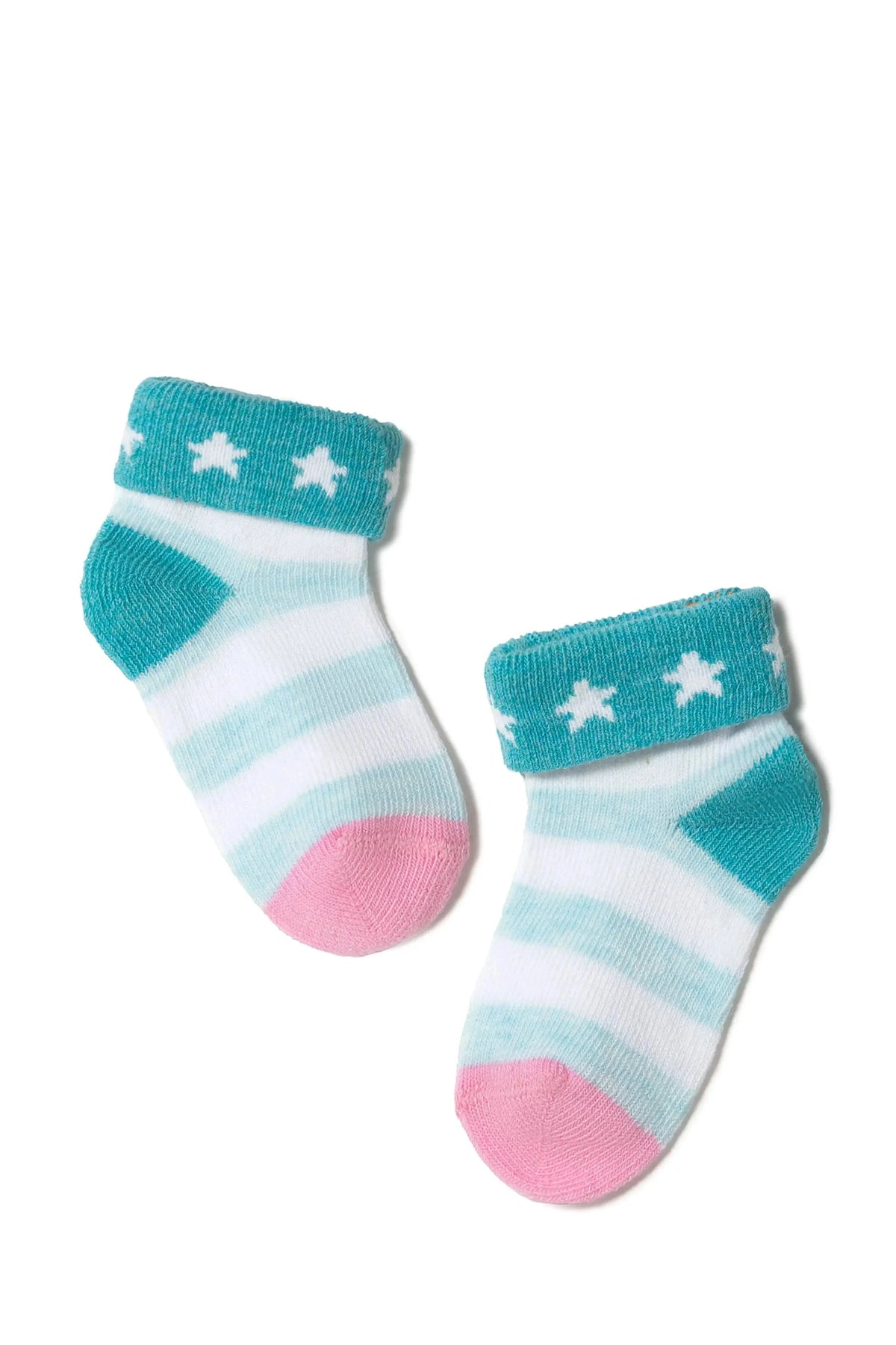 A pair of ankle socks featuring a teal ribbed cuff with white star patterns, light teal and white horizontal stripes along the body, and solid pink toe and heel sections against a white background.