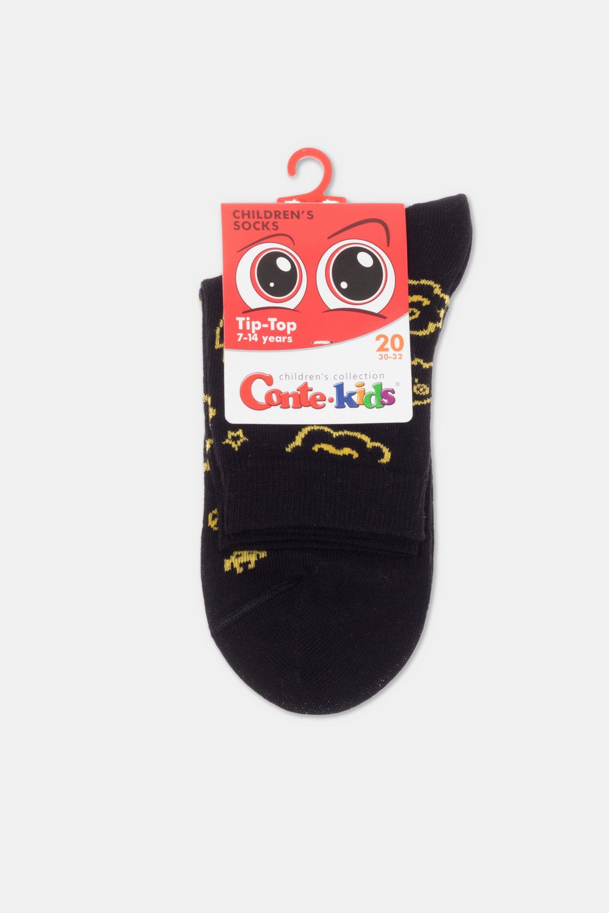 A pair of black children's socks featuring yellow cloud patterns, held together by a branded tag with cartoon eyes at the top.