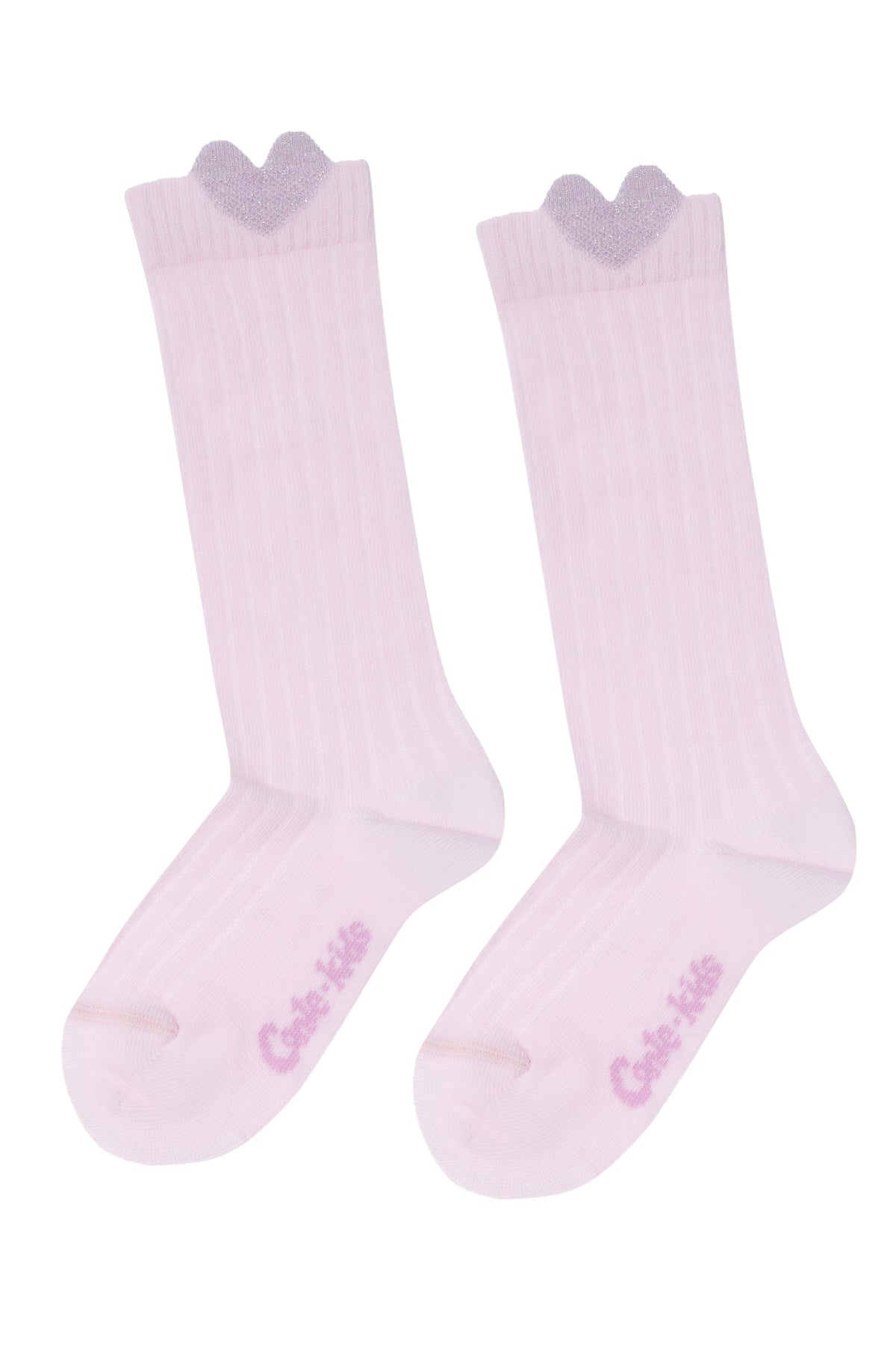 A pair of light pink knee-high socks featuring a ribbed texture and a sparkly lavender heart detail at the top edge, with the brand name printed in pink on the foot.
