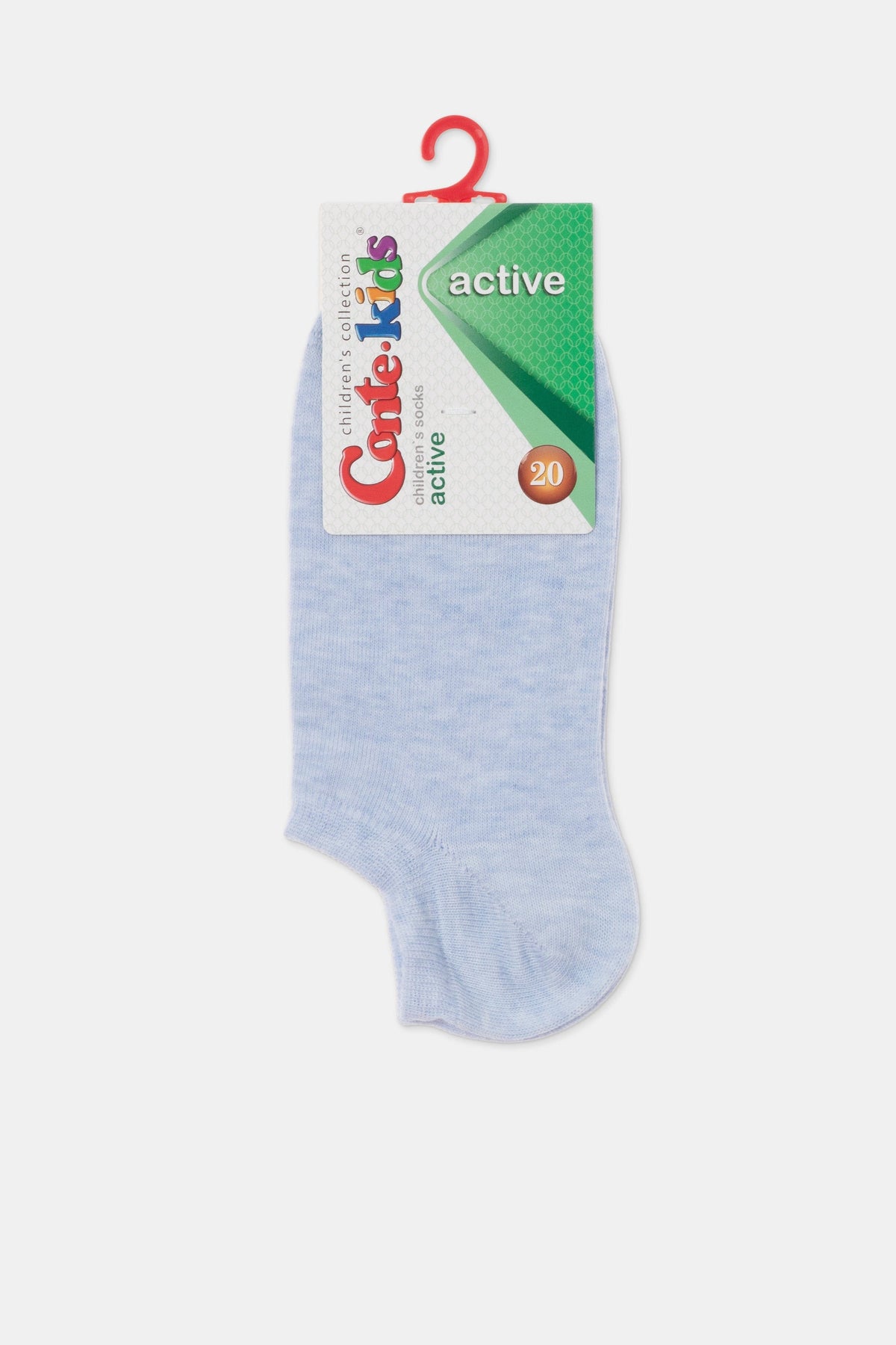 A light blue ankle sock with product packaging attached at the top.