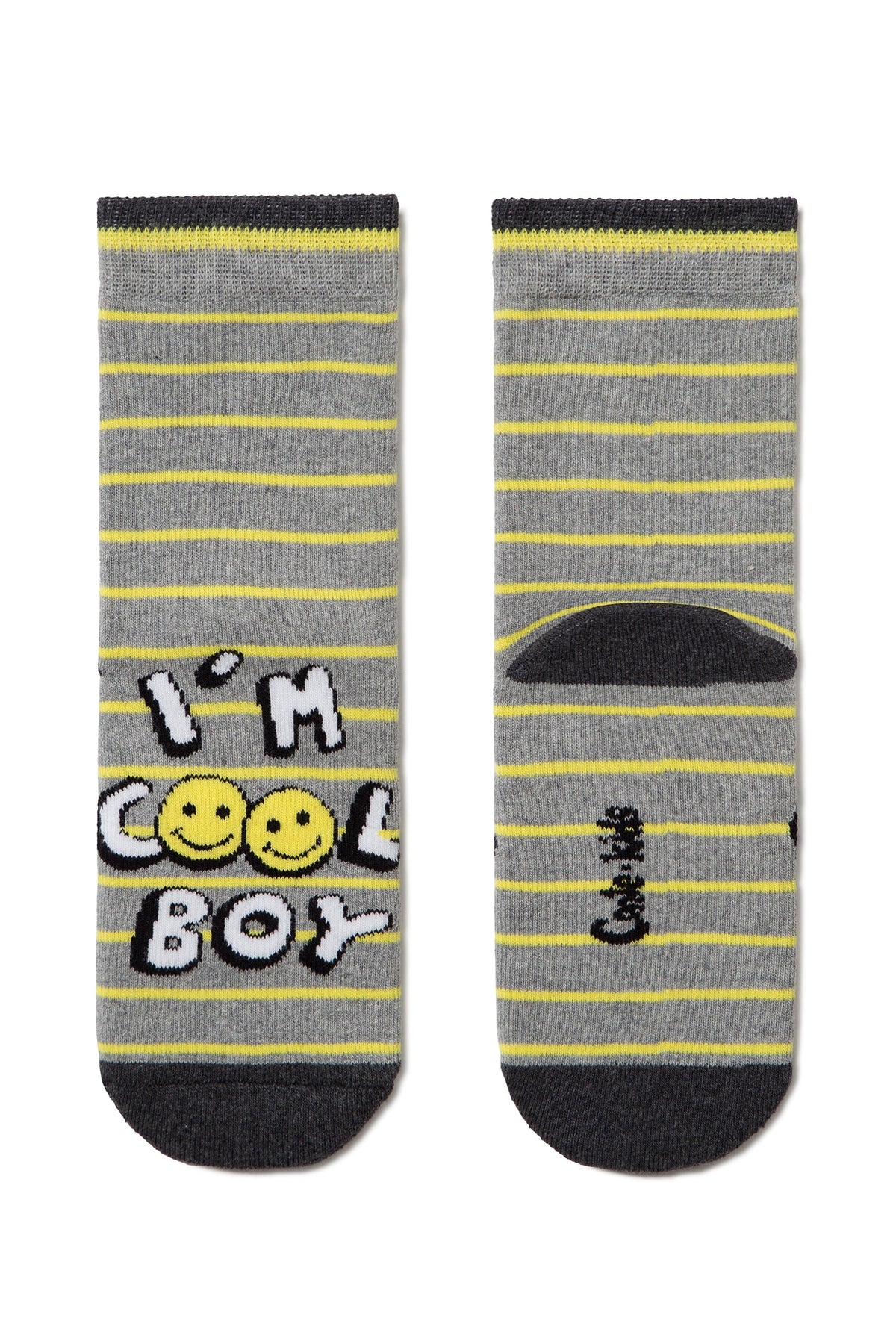 A pair of grey socks with thin yellow horizontal stripes, featuring the phrase I'M COOL BOY with two yellow smiley faces on the left sock and black heel and toe accents.