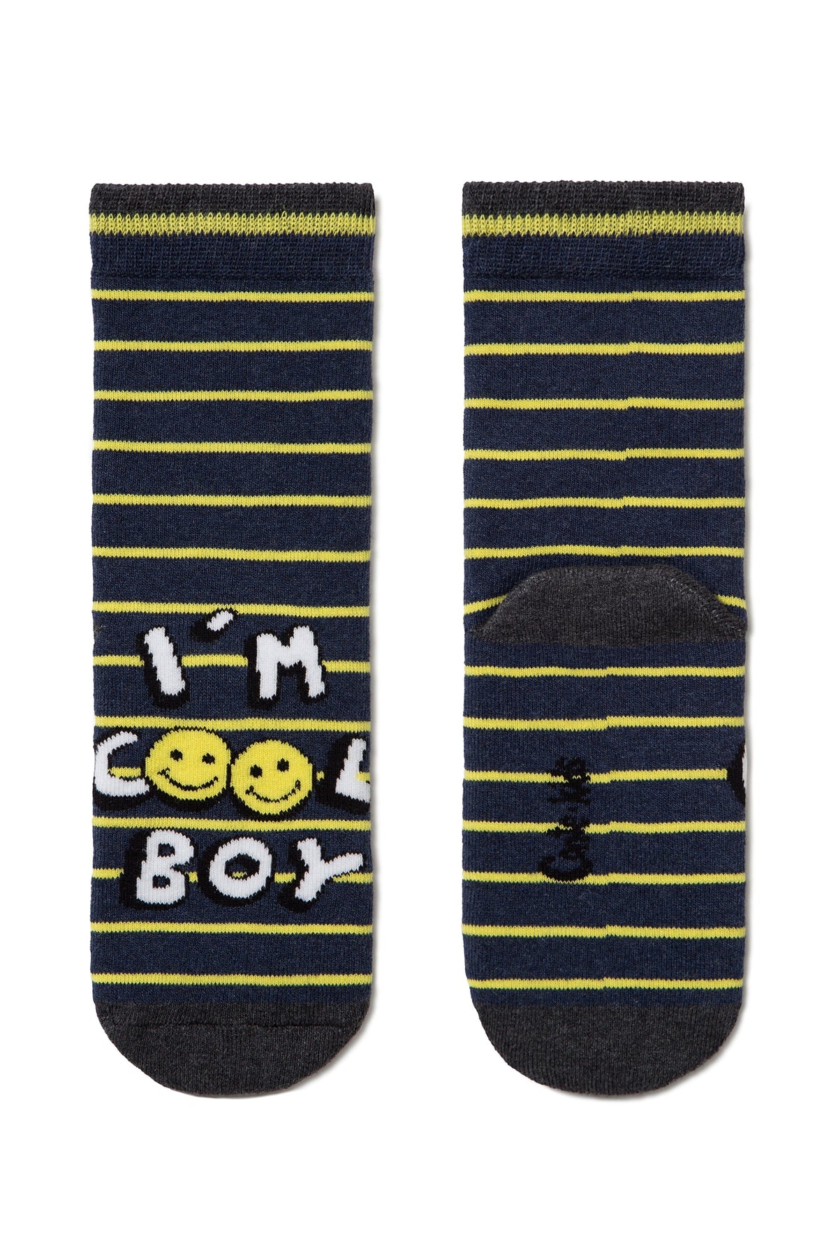 A pair of navy blue socks with thin yellow horizontal stripes, featuring the text "I'M COOL BOY" with yellow smiley faces on the front and solid grey heels and cuffs.