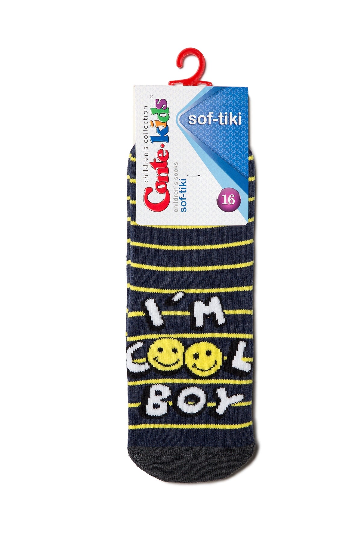 A pair of navy blue children's socks with thin yellow horizontal stripes and the text "I'M COOL BOY" featuring a yellow smiley face for the letter O, displayed on a branded cardboard hanger.