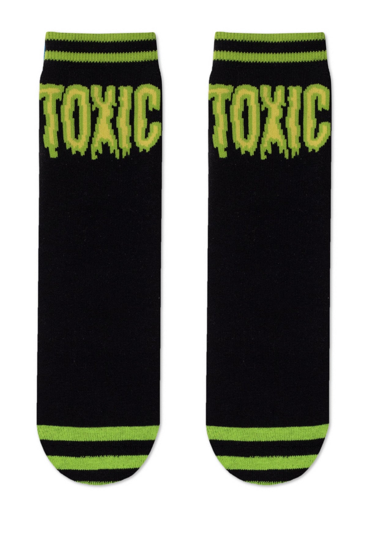 A pair of black ankle socks featuring the word TOXIC in green drippy lettering at the top and lime green horizontal stripes on the cuffs and toe areas.