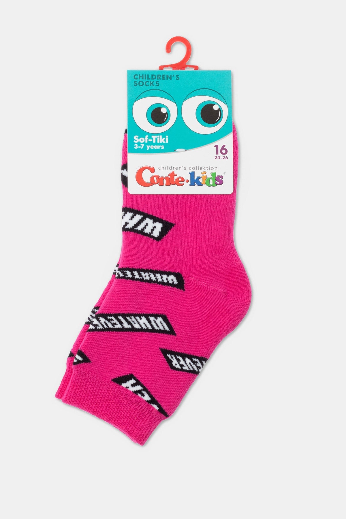 A pair of bright pink children's crew socks featuring a repeating black and white pattern with the word 'WHATEVER' displayed on a hanging display card.