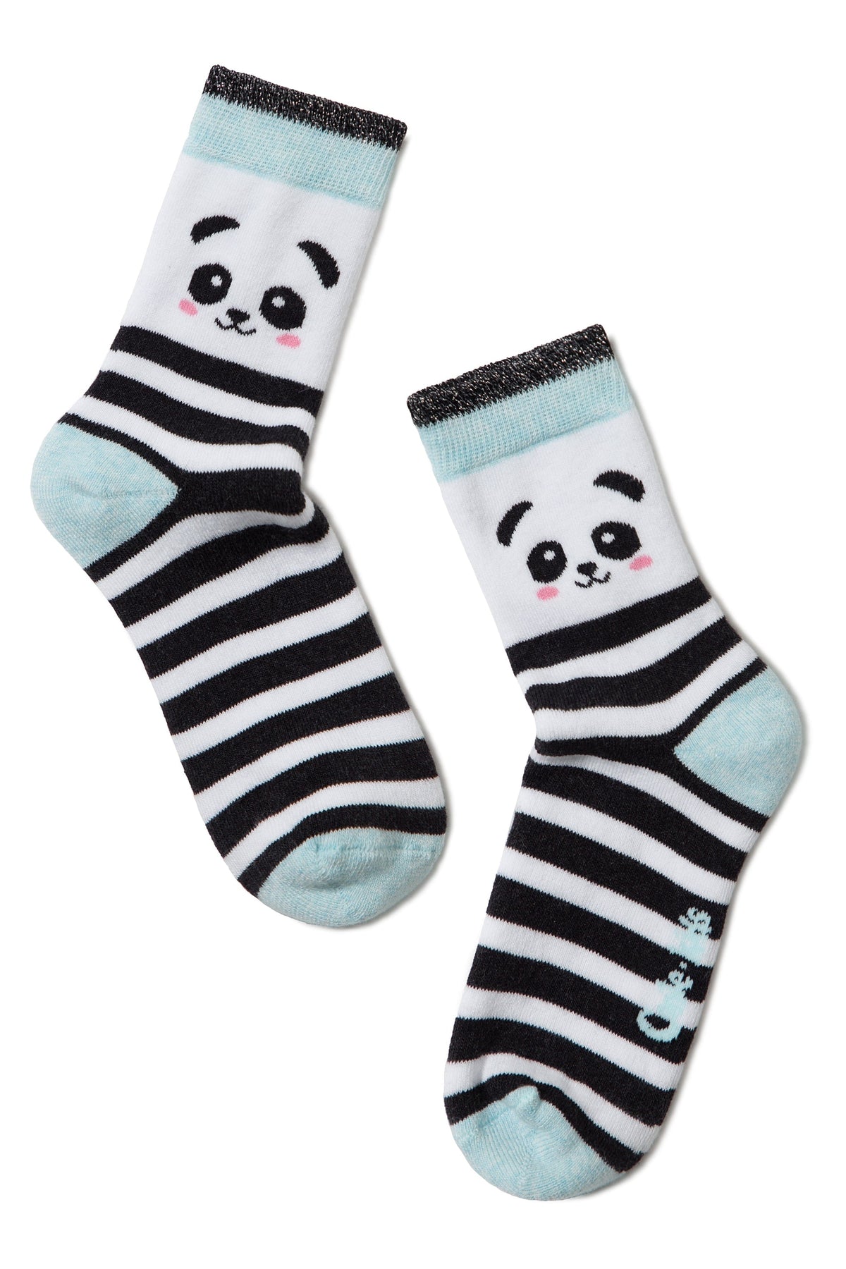 A pair of crew socks featuring a white panda face design on the cuff, followed by black and white horizontal stripes and light blue accents on the toes, heels, and cuffs.