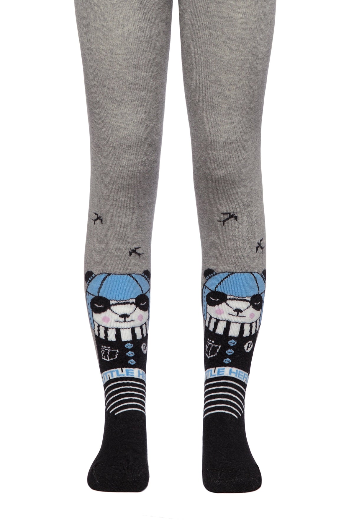 Gray and black children's tights featuring a cartoon panda character wearing a blue hat and scarf at the shins, set against a plain white background.