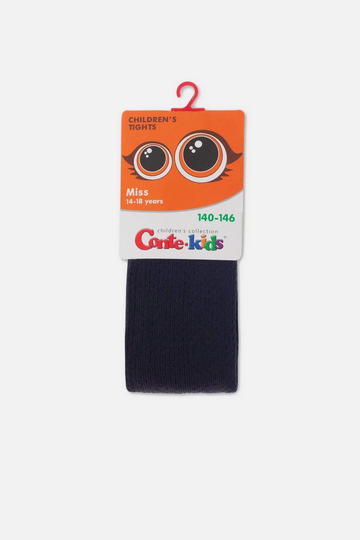 A pair of plain navy blue children's tights hanging from a branded cardboard hanger featuring an orange eye illustration and size labels.