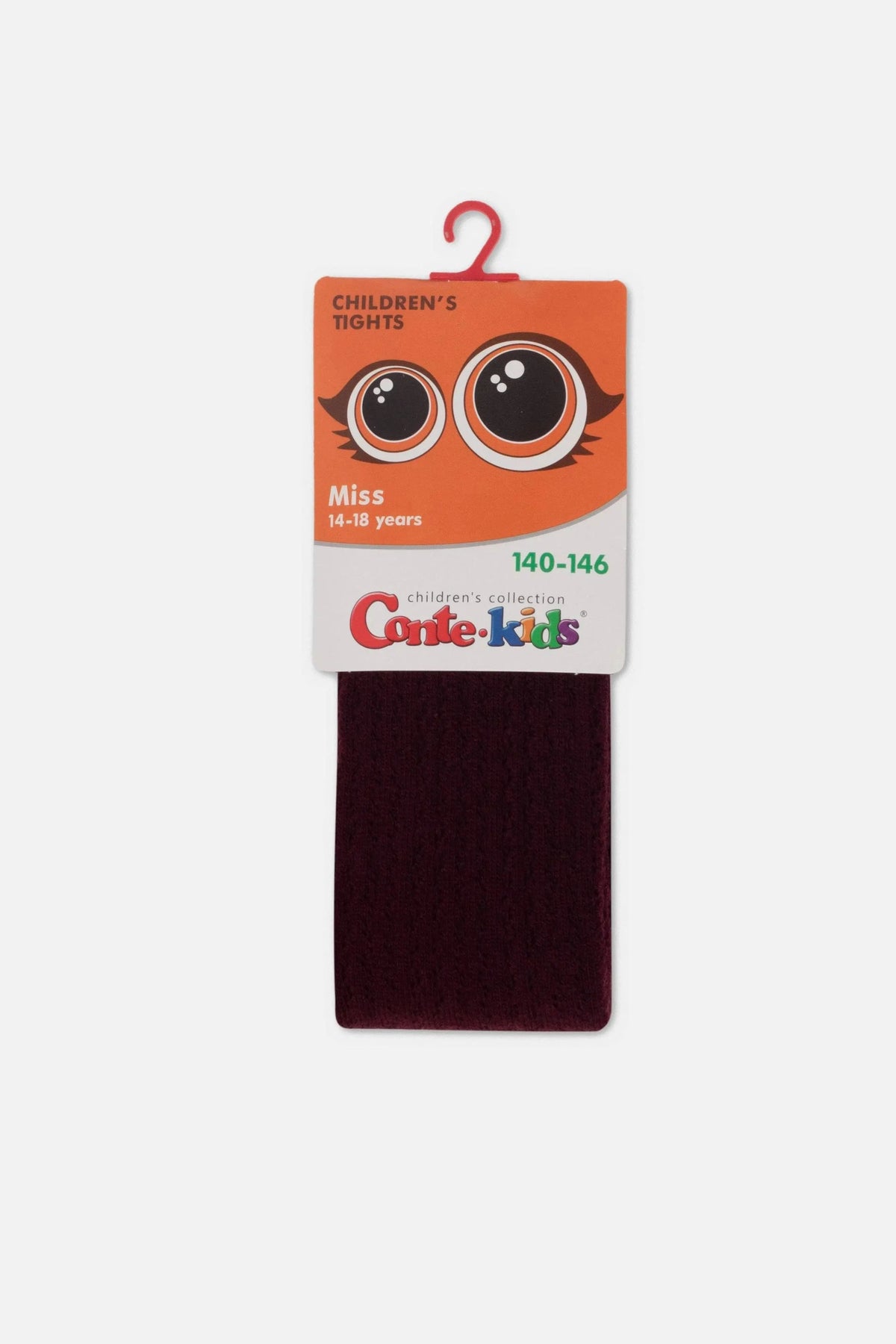 A pair of folded deep maroon children's tights hanging from a branded cardboard header card with an orange cartoon-eye design.