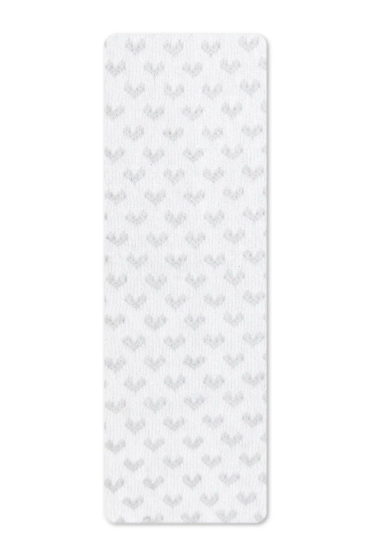 A rectangular, white knitted fabric strip featuring an repeating pattern of small, light grey hearts.