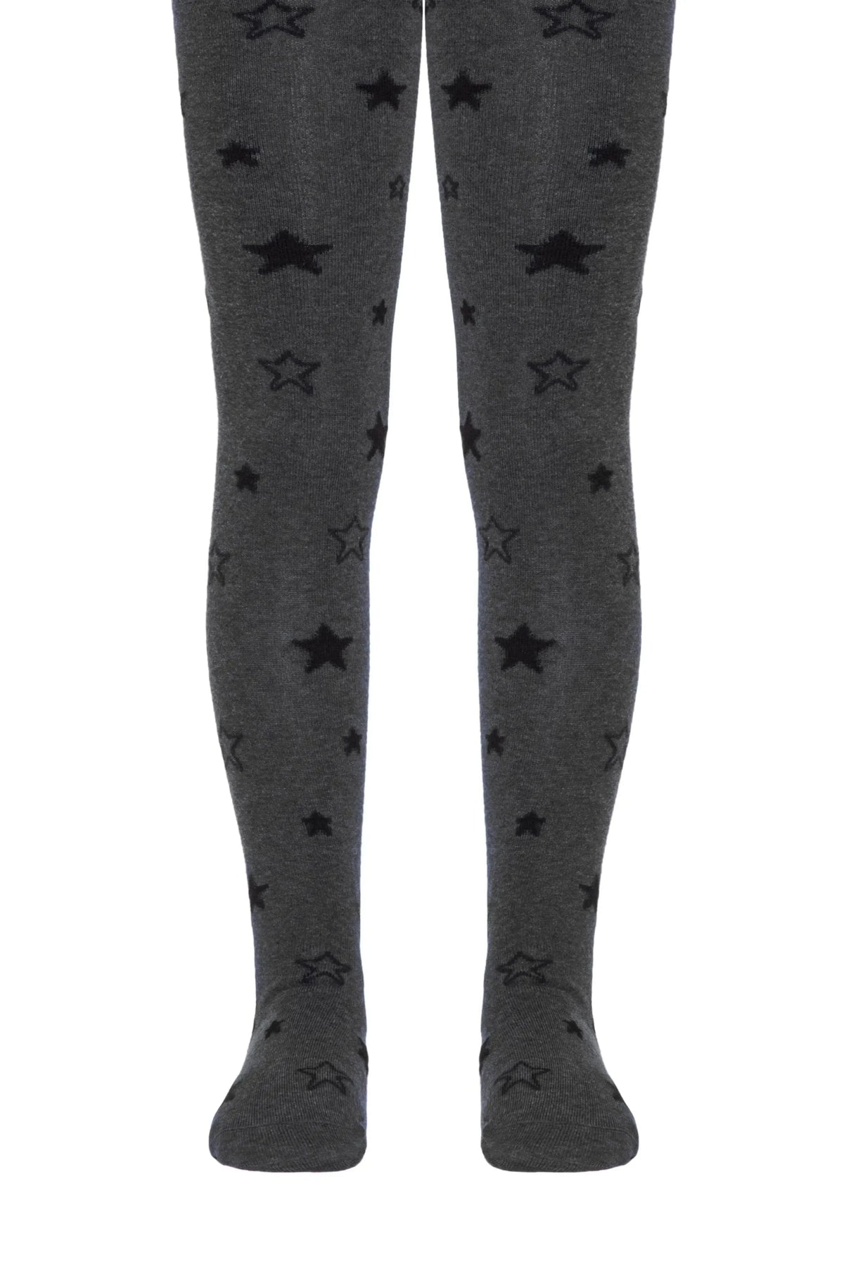 Charcoal grey tights featuring an all-over pattern of black stars.