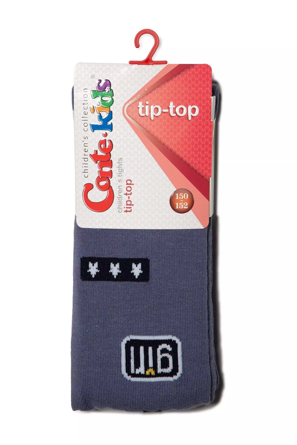 A pair of folded grey children's tights with a branded cardboard header, featuring three small dark star icons and a rectangular patch with the text "girl" in white font.