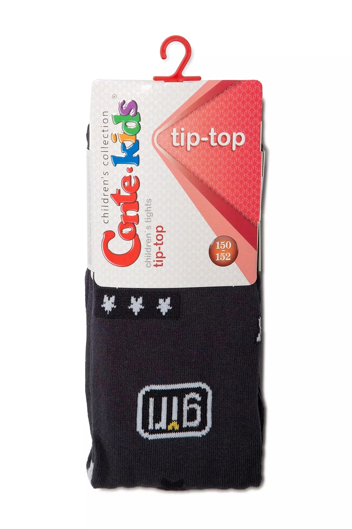 A pair of folded dark grey children's tights with a white logo on the cuff, presented on a branded cardboard hanger with a red hook.