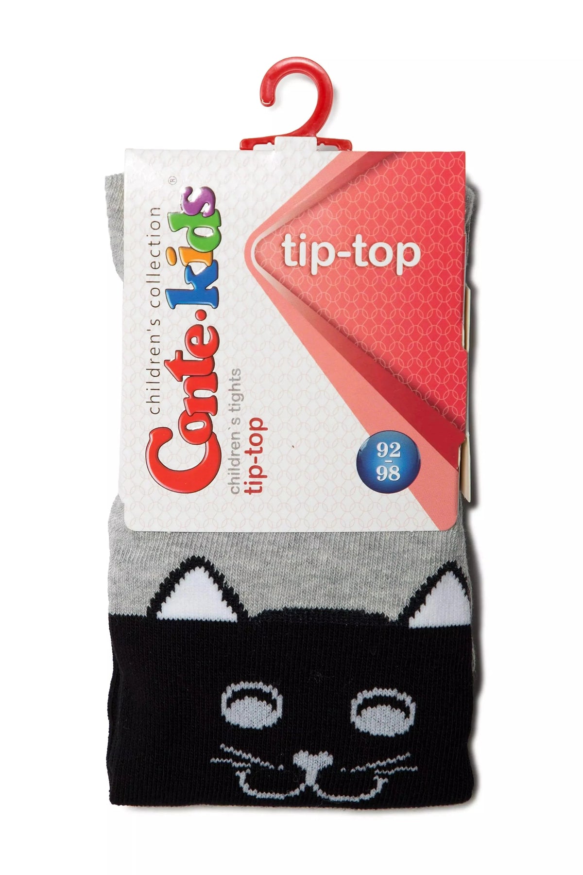 Children's tights featuring a grey upper section and a black bottom section with a cartoon cat face pattern, suspended from a red plastic hanger.