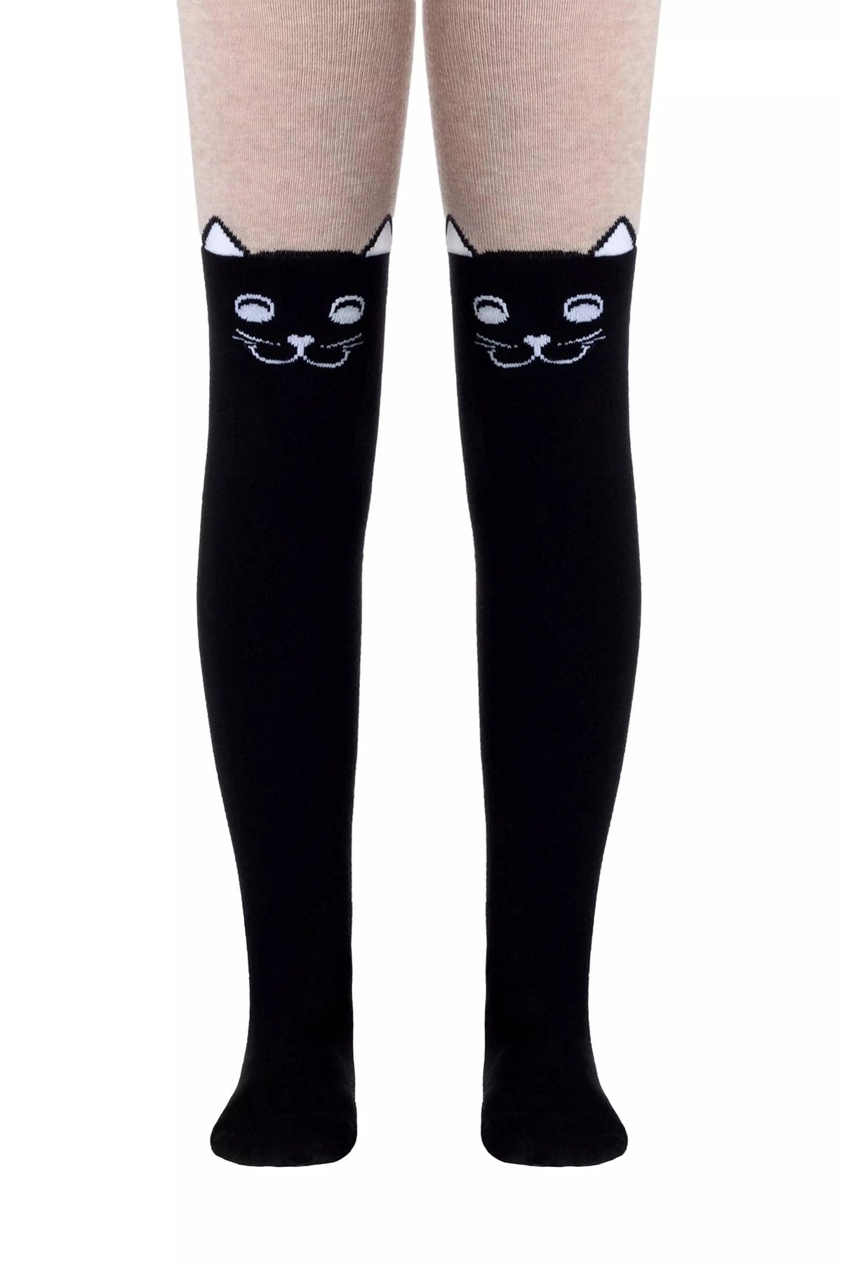 These over-the-knee stockings feature a black lower section with a white embroidered cat face design at the thigh and a solid light beige upper section.