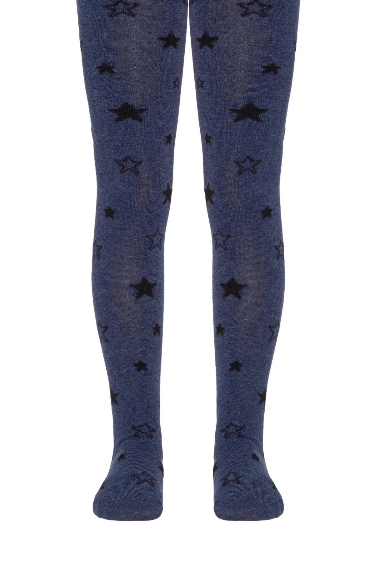 Blue tights featuring a pattern of solid and outlined black stars worn on legs against a plain white background.