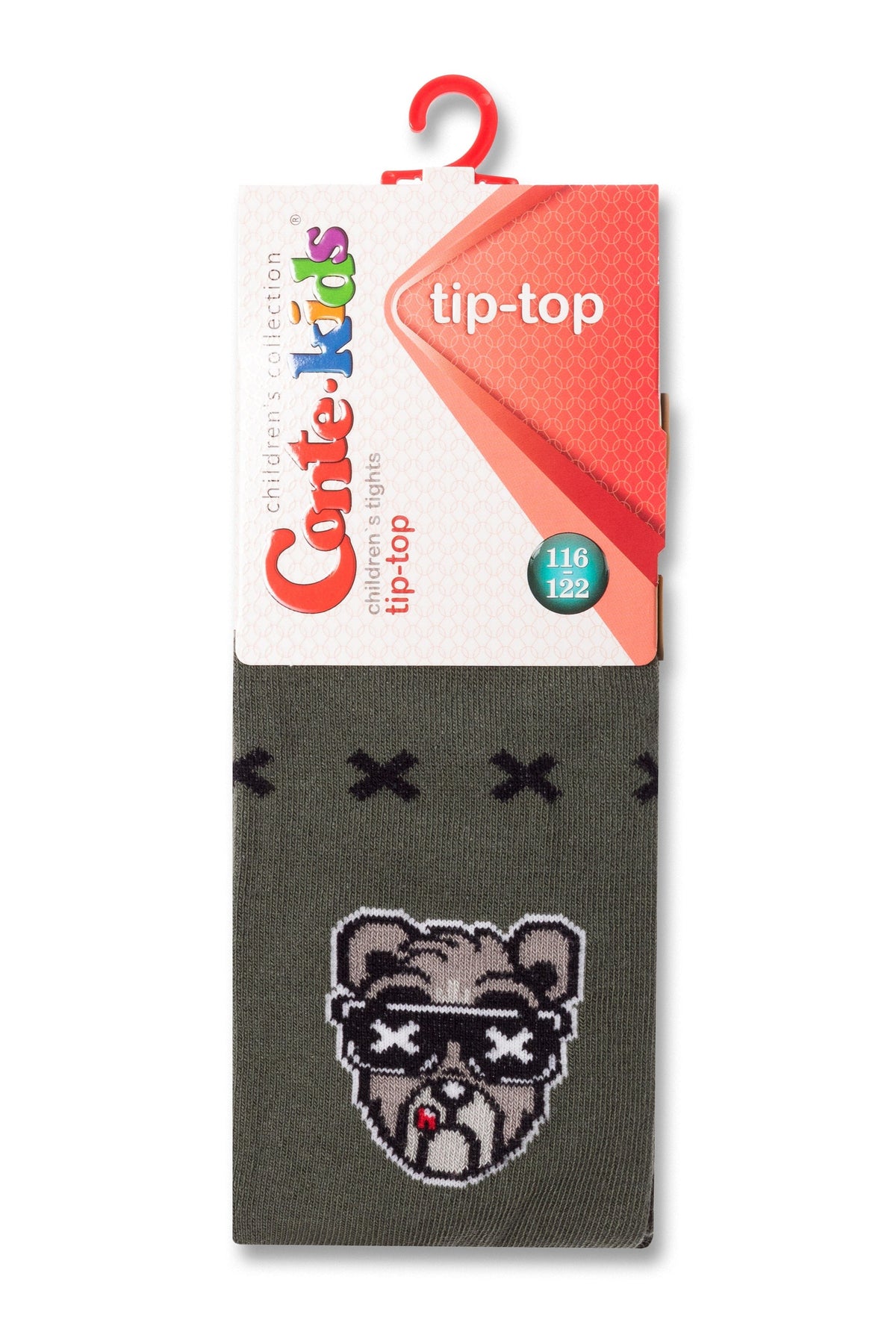 Olive green children's tights featuring a repeating pattern of dark X shapes at the top and a graphic of a cool bulldog wearing sunglasses at the bottom, displayed on a retail product card.