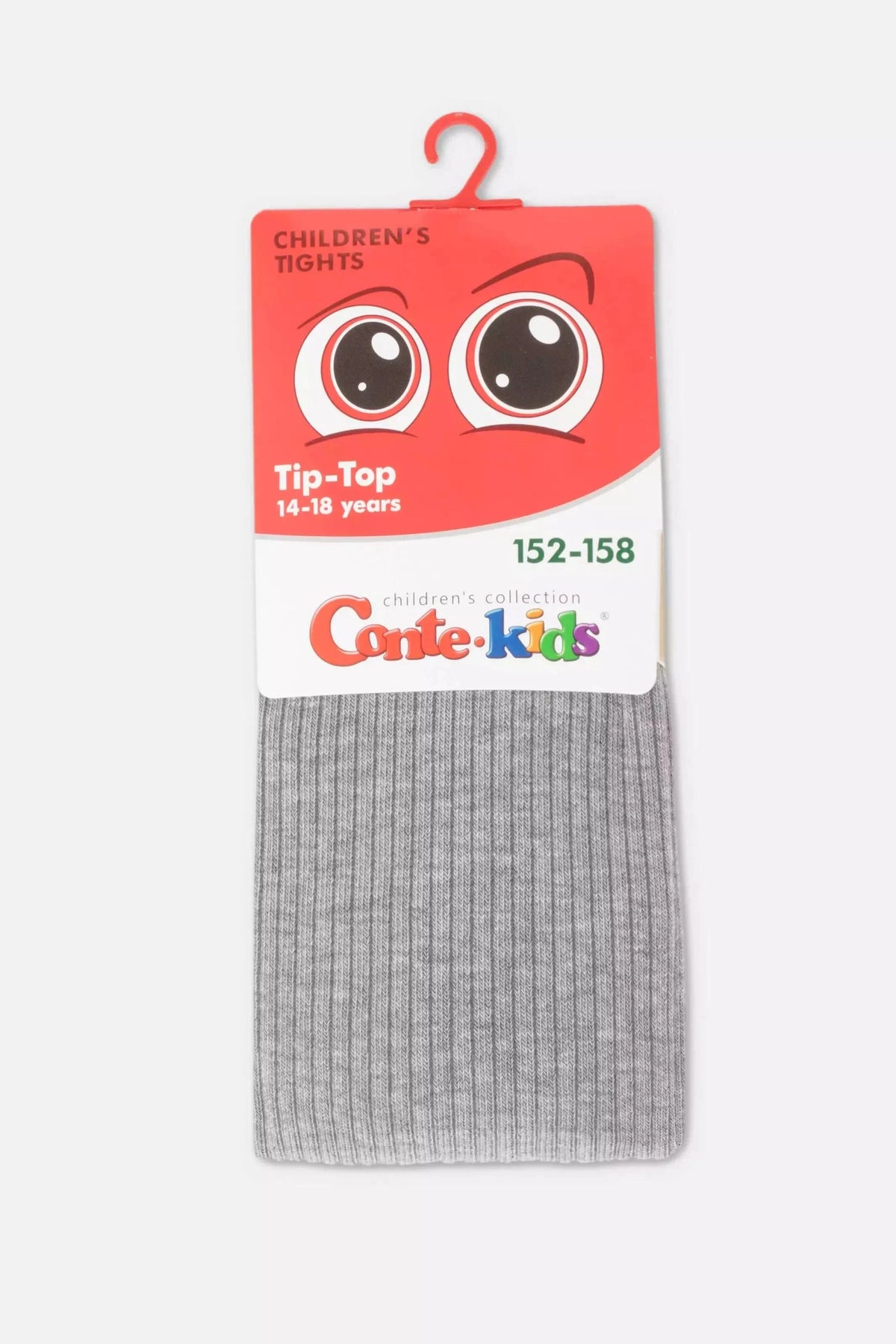 A pair of folded light grey ribbed children's tights on a hanger with a red packaging label featuring cartoon eyes and the brand name Conte-kids.