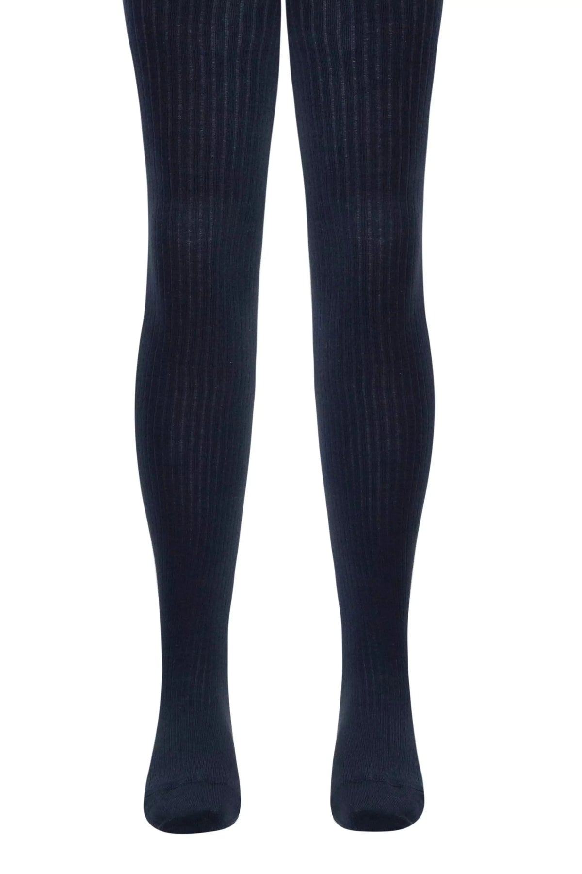 A pair of opaque navy blue ribbed tights shown on a mannequin's legs against a white background.