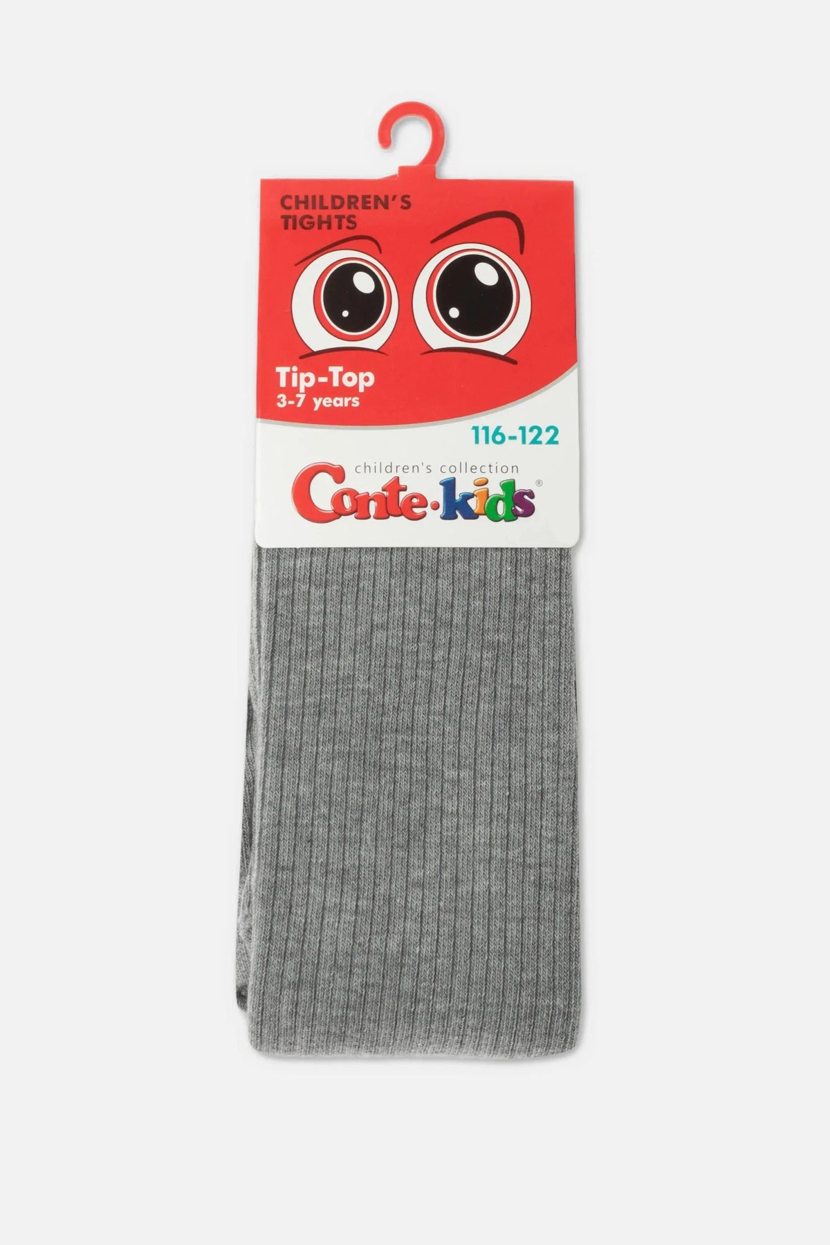 A pair of grey ribbed children's tights hang from a red branded cardboard packaging featuring cartoon eyes at the top.