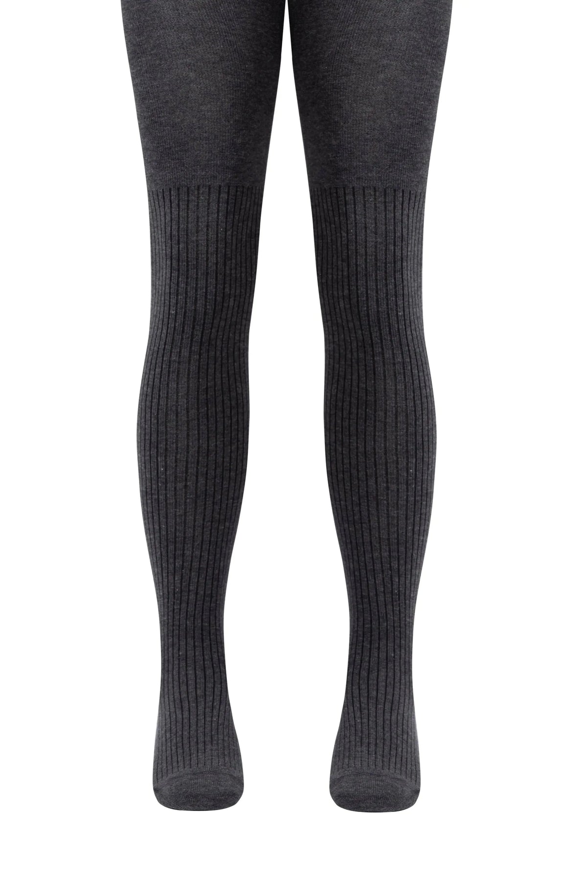 A pair of dark grey ribbed tights shown on legs against a plain white background.
