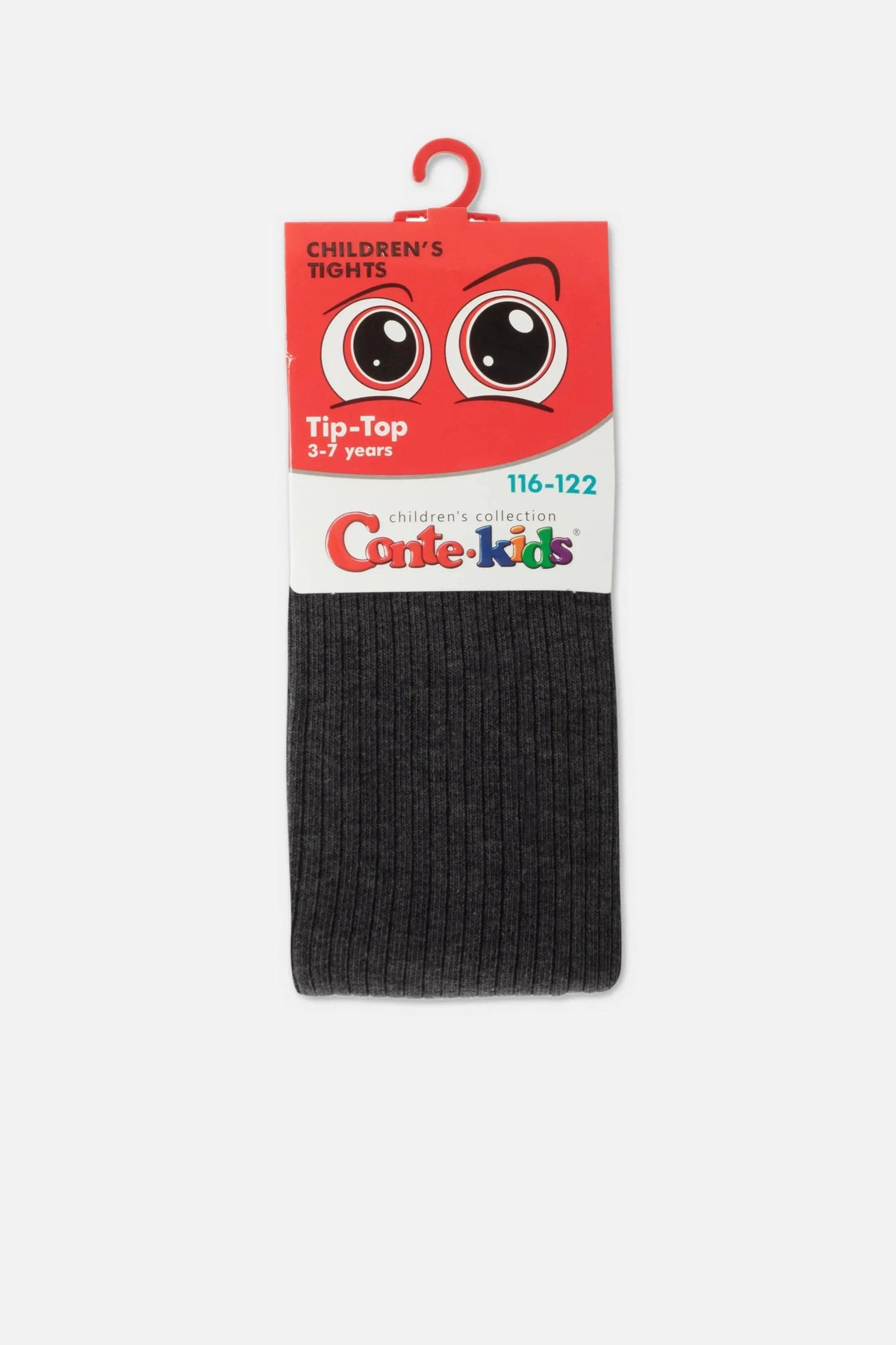 A pair of folded dark grey ribbed children's tights with a red header card featuring a cartoon eye graphic and the brand name Conte-kids.