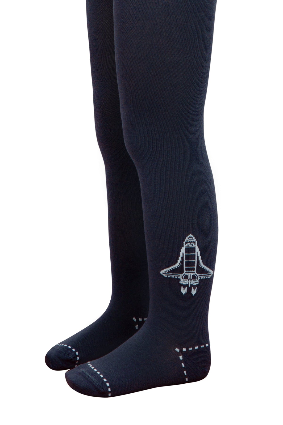 Navy blue children's tights featuring a white space shuttle graphic on the lower leg and a dashed line pattern around the toes.