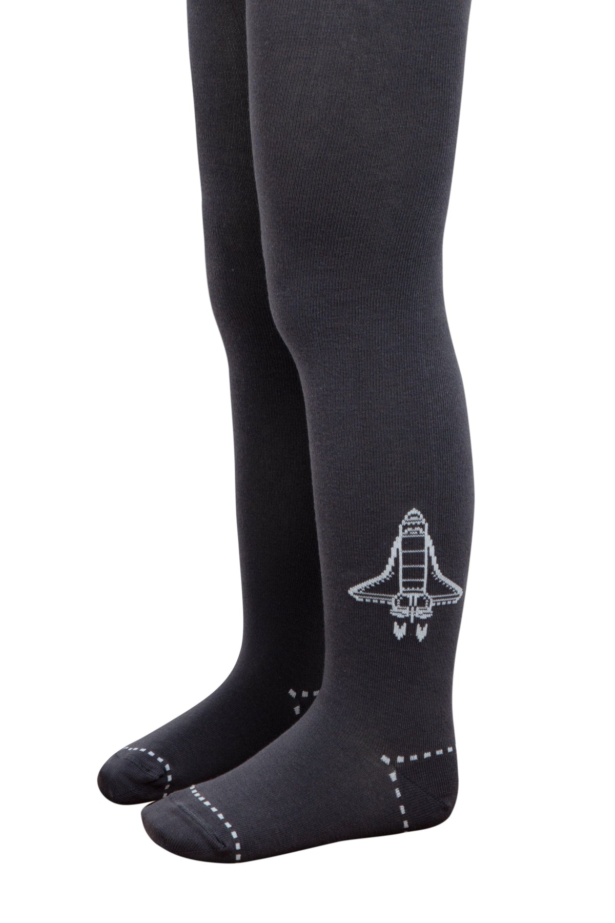A pair of dark grey children's tights featuring a white space shuttle graphic on the outer side of the leg and white dashed line details on the toes.