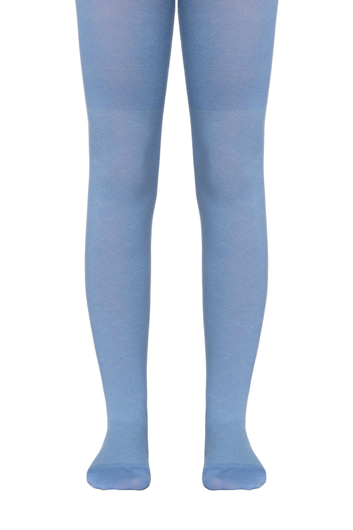 Light blue tights worn on legs, featuring a subtle textured knit pattern that extends down to the feet against a plain white background.