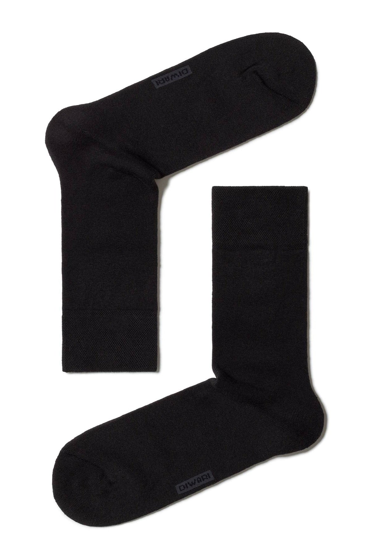 A pair of black crew socks with the brand name DIWARI embossed near the toe area, laid flat against a white background.